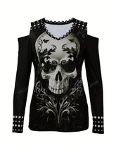 Open Shoulder Halloween Skeleton Print Long Sleeve T-Shirt